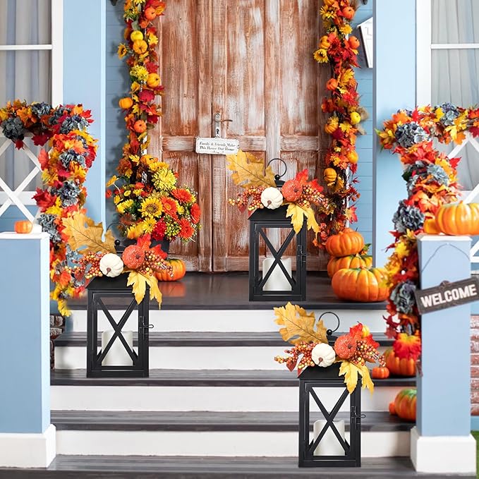Fall Decor Lantern for Home, Large Decorative Lanterns Outdoor Waterproof 12" Battery Powered Decorative Lanterns Metal Hanging LED Candle Holder, Flameless Candle Lantern for Indoor 2 Packs