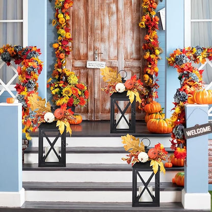 Fall Decor Lantern for Home, Large Decorative Lanterns Outdoor Waterproof 12" Battery Powered Decorative Lanterns Metal Hanging LED Candle Holder, Flameless Candle Lantern for Indoor 2 Packs