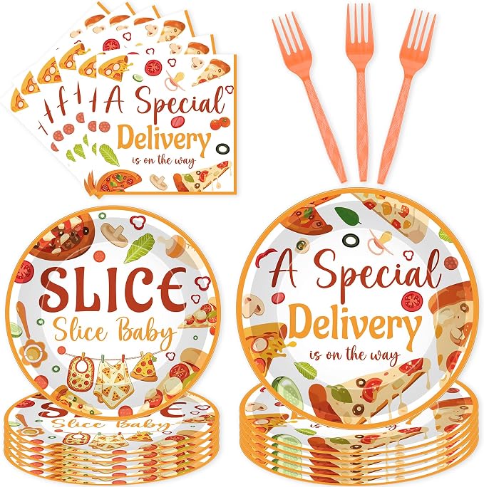 96 Pcs Special Delivery Pizza Baby Shower Decorations, Tableware Set | Includes