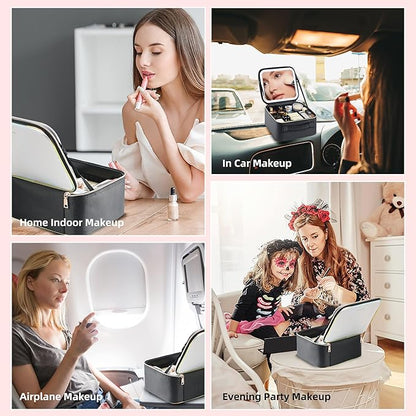 Travel Makeup Bag with LED Mirror – Waterproof Cosmetic Train Case with Adjustable Dividers, Portable Makeup Organizer and Toiletry Bag for Women, Pink Teens & Girls Gift