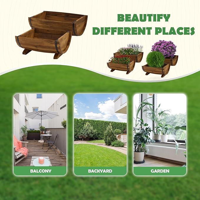 IDZO Solid Acacia Wood Half Barrel Planters Outdoor Set of 2 Different Sizes