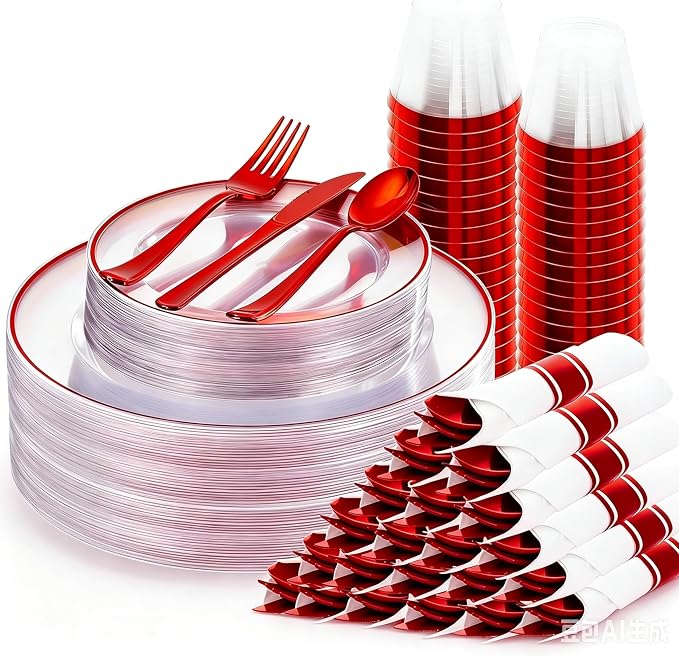 SUT 350 Pcs Red and Clear Plastic Dinnerware Set