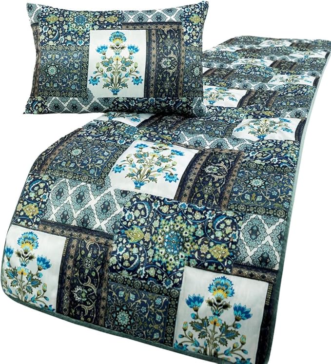 The HomeCentric King/Queen/Twin Blue Designer King 90"x18" Bed Runner with Pillow Cover, Perrsian Pattern & Quilted Bed Scarf on Satin Fabric - Bahar