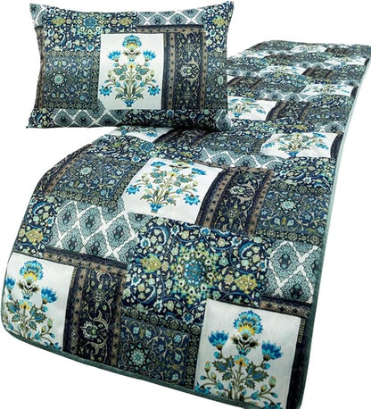 The HomeCentric King/Queen/Twin Blue Designer Full 68"x18" Bed Runner with 2 Pillow Cover, Perrsian Pattern & Quilted Bed Scarf on Satin Fabric - Bahar