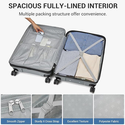 Kono 20 Inch Expandable Carry On Luggage with Spinner Wheels, Durable Hardside Luggage with Hidden Cup Holder, Lightweight Hard Shell Carry On Suitcase Airline Approved with TSA Lock(Light Grey)