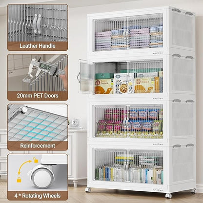 BROVIEW 600Qt Extra Large Stackable Storage Bins with Lid, Closet Organizer Collapsible Drawer Boxes with Wheels, Folding Plastic Cabinet Containers for Home Kitchen Room Organization, 3Pack White