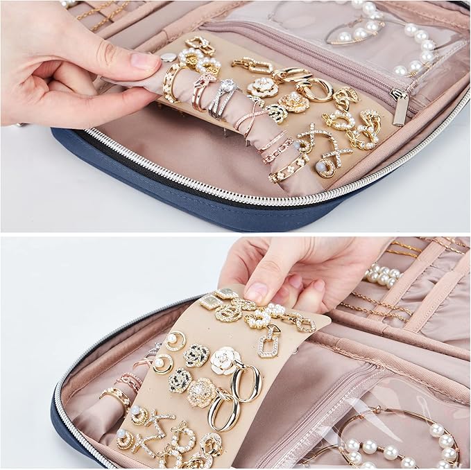 BELALIFE Travel Jewelry Organizer, Portable Jewelry Storage Case for Earrings, Rings, Necklaces, Bracelets, Blue-Gray