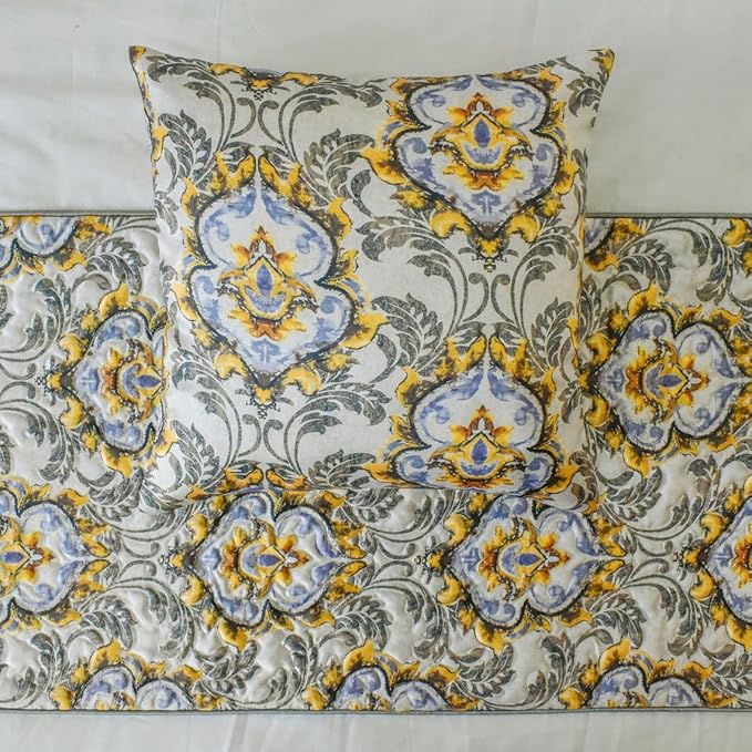 The HomeCentric King/Queen/Twin Grey Decorative Twin 53"x18" Bed Runner with 2 Pillow Cover, Quilted, Damask & Tassels Bed Scarf on Jacquard Fabric - Damask Blaze