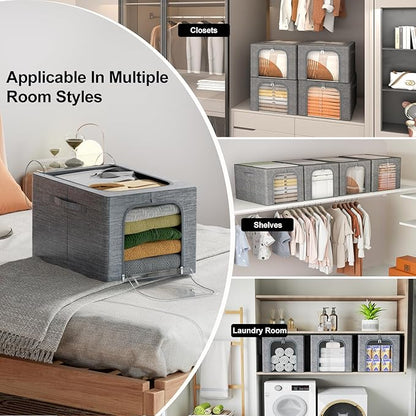 GoMaihe Clothes Storage Bins Metal Frame: 3-Pack Compact Stackable Closet Storage Bin with Lid & Clear Window, Space Saving Organizer for Sweaters Kids Clothes (Dorm/Closet 27L)