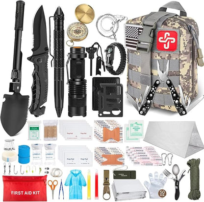 238Pcs Emergency Survival Kit and First Aid Kit, Professional Survival Gear Tool with Tactical Molle Pouch and Emergency Tent for Earthquake, Outdoor Adventure, Camping, Hiking, Hunting