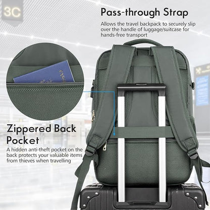 MOMUVO Large Travel Backpack Women, Flight Approved Carry On Backpack, Water Resistant Anti-Theft Large Casual Daypack Fit 17 Inch Laptop with USB Charging Port, Olive Green