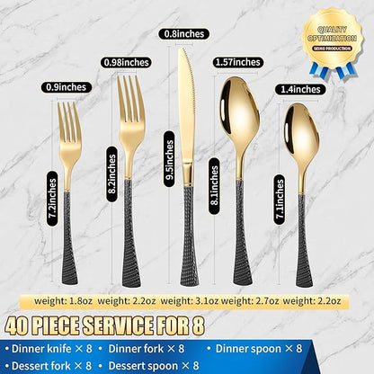 Lemeya Hammered Black Gold Silverware Set for 8,Stainless Steel 40-Piece Modern Cutlery Set,Mirror Polished Heavy Duty Flatware Set Utensil Set,Knives Spoons and Forks Set,Dishwasher Safe