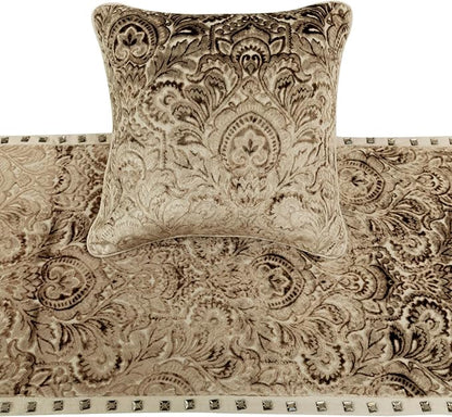 The HomeCentric King/Queen/Twin Beige Decorative Queen 74"x18" Bed Runner with 2 Pillow Cover, Velvet Damask & Crystal Border Bed Scarf on Velvet Fabric - Henriretta