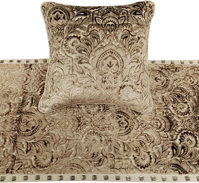 The HomeCentric King/Queen/Twin Beige Decorative Queen 74"x18" Bed Runner with Pillow Cover, Velvet Damask & Crystal Border Bed Scarf on Velvet Fabric - Henriretta