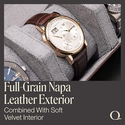 Napa Leather Watch Rolls for Men - Hexagon Triple Watch Roll Travel Case for 3 Watches - Storage Organizer Genuine Leather with Velvet Interior Display (Brown/Gray)
