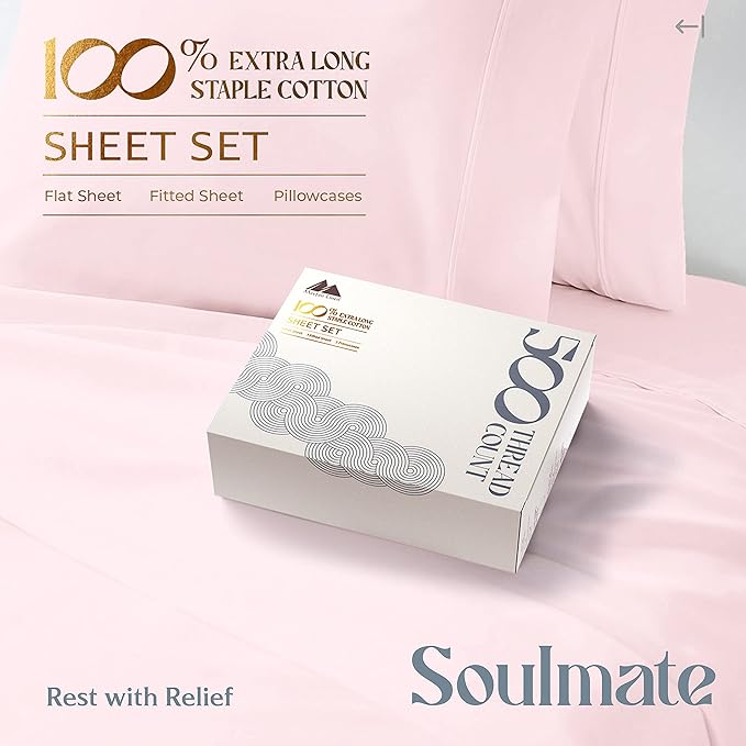 Mayfair Linen 500 Thread Count Twin XL Cotton Sheets - 3 PC Twin XL Size Bed Sheet Set Cotton (Blush), Soft, Cooling, Sateen Hotel-Quality 16" Deep Pocket Bedsheet for Hot Sleepers (Fits 18" Mattress)