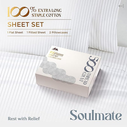 Mayfair Linen 100% Cotton Printed Bed Sheets Twin Size Set - 500 Thread Count Cotton Twin XL Sheets for Dorm Room, 3 PC Set (Pinstripe Light Grey), Soft, Cooling, Sateen Weave 16" Deep Pocket Bedsheet