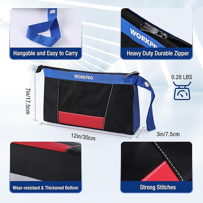 WORKPRO 12" Tool Pouches with Zipper, Heavy-Duty Small Tool Bag, Utility small tool pouch for Tool Organizers and Storage, Mini Tool Bag, 3 Pack
