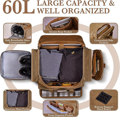 SHOWKOO Duffle Bag for Travel 60L Expandable Canvas Travel Bag Durable Vintage Weekender Overnight Carry On Bag for Men(Coffee)