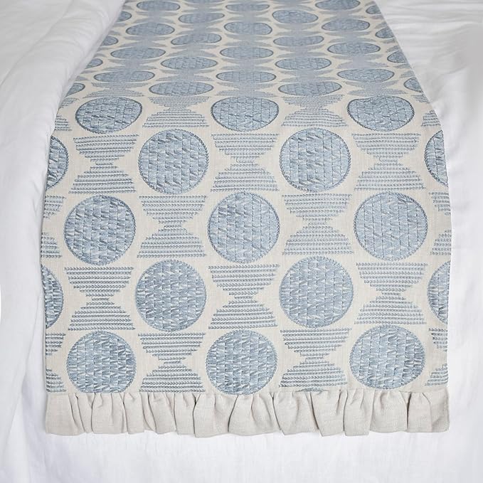 The HomeCentric King/Queen/Twin Blue Decorative Bed Runner Full 68"x18" Bed Runner Without Pillow Cover, Embroidery, Ruffles Bed Scarf on Linen Fabric - Ellara Blue