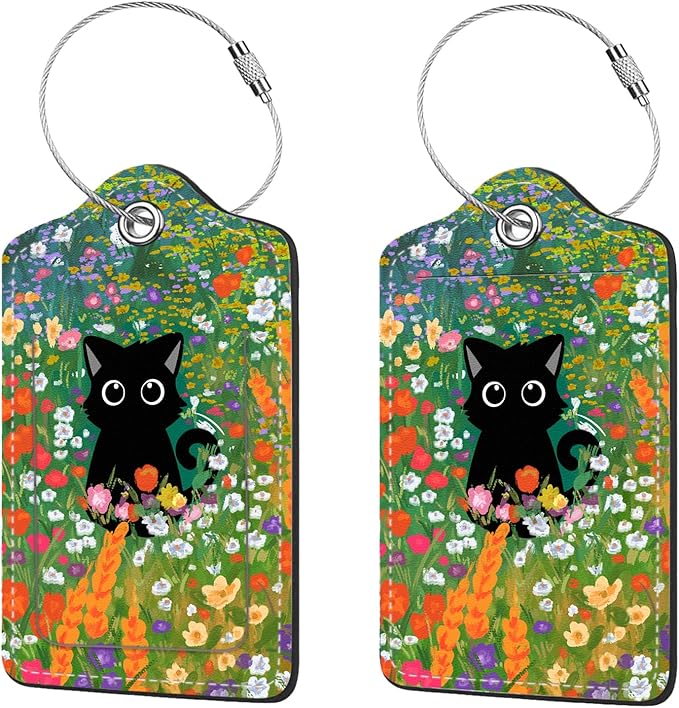 2 Pcs Luggage Tags for Suitcase, Cute Unique PU Leather Travel Bag Tag with Privacy Cover ID Label Address Card and Durable Metal Ring Suitable for Men Women Children Backpack,Black Cat On A Flower