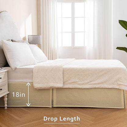 MIYE Pleated Waffle Weave Bed Skirt, Tailored Dust Ruffle 18 Inch Drop Easy Fit, Machine Washable,No Split Corners (Light Beige, Cal King - 18" Drop)
