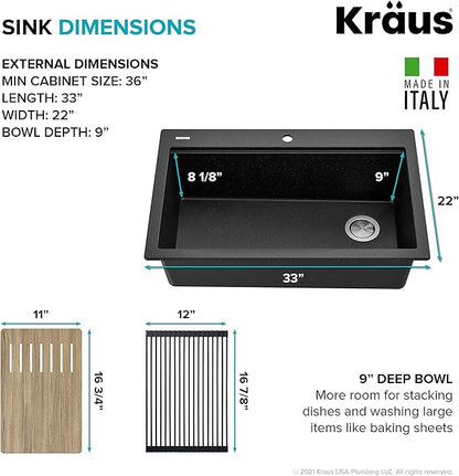 KRAUS Bellucci Workstation 33" Single Bowl Granite Kitchen Sink in Metallic Black w/Accessories, KGTW2-33MBL, Includes Dish Drainer/Dish Drying Rack