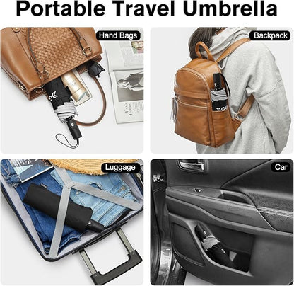 G4Free 42 Inch Eco Windproof Folding Umbrella for Rain & Sun 9 Ribs Wind Resistant Strong Fiberglass Double Canopy with Reflective Strip for Women Men Auto Open Close For Car & Backpack