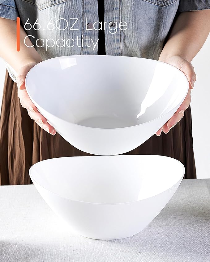 66 OZ Salad Bowl Set of 2, Opal Glass 10 inch Lightweight Serving Dishes for Salad, Fruit, Kitchen Microwave & Dishwasher Safe, Oval Shape White