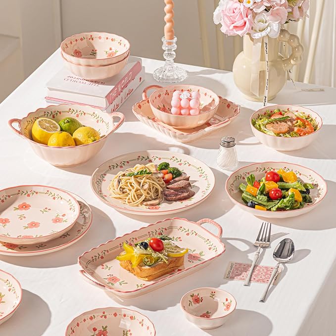 Ceramic Dinnerware Set, Floral Plates and Bowls Sets, Microwave & Dishwasher