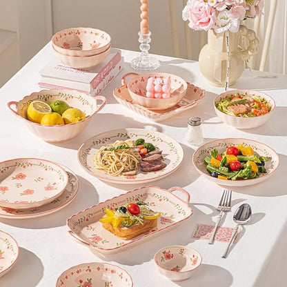 Ceramic Dinnerware Set, Floral Plates and Bowls Sets, Microwave & Dishwasher
