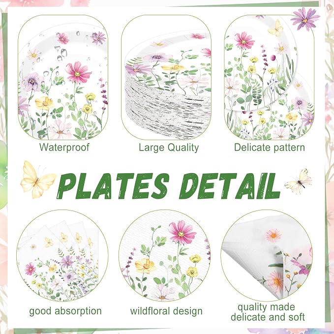 250 Pcs Wildflower Party Decorations Include Spring Summer Floral Paper Plates