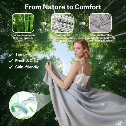 MR&HM California King Fitted Sheet, Ultra-Soft Rayon Derived from Bamboo & Polyester Blend, Silky & Breathable, 15" Deep Pocket with Elastic Straps, Cooling Fitted Sheet for Hot Sleepers, Silver Grey