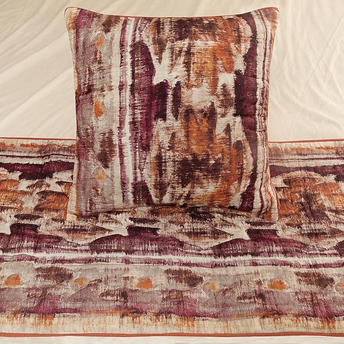The HomeCentric King Queen Twin Pink & Orange Designer Queen 74"x18" Bed Runner with Pillow Cover, Ikat & Quilted Bed Scarf on Cotton Printed Fabric - Ikat Splash