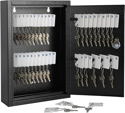 KYODOLED Key Storage Lock Box Wall Mount, Locking 40 Key Cabinet Holder Box with Key Lock, Hooks & Labels, 2.5" D x 8.1" W x 12.1" H