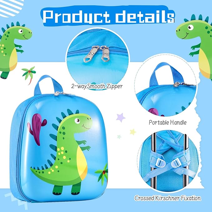 Sanwuta 4 Pcs Kids Luggage Set Kids Backpack Travel Rolling Suitcase with Wheels U-shape Pillow Childrens Gift for Girls Boys(17 Inch,Dinosaur Style,Blue)