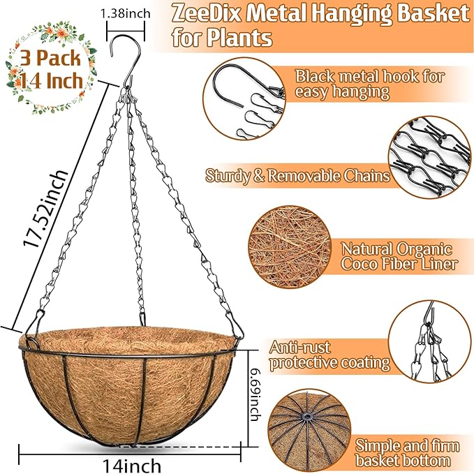 ZeeDix 3 Pack 14 Inch Hanging Baskets