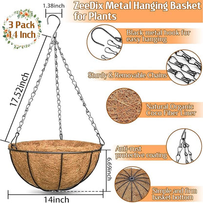 ZeeDix 3 Pack 14 Inch Hanging Baskets
