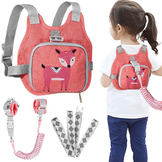 Toddler Harness Leash + Anti Lost Wrist Link, Accmor Kids Harnesses Children Leashes for Girls, Cute Deer Baby Walking Holder Anti-Lost Bracelet Strap Tether for Outdoor Keep Kids Close (Pink)
