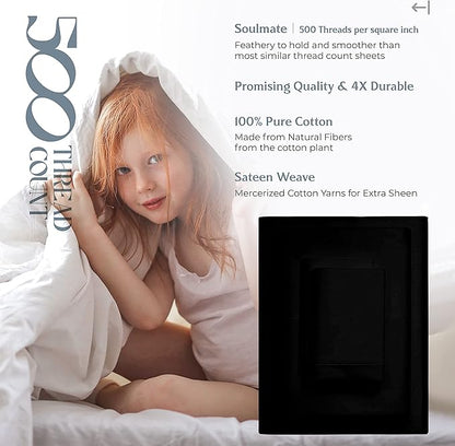 Mayfair Linen 500 Thread Count Twin Cotton Sheets - 3 PC Twin Size Bed Sheet Set Cotton (Black), Soft, Cooling, Sateen Hotel-Quality 16" Deep Pocket Bedsheet for Hot Sleepers (Fits 18" Mattress)