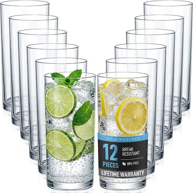 Zulay Kitchen Plastic Drinking Glasses – 16oz Acrylic Shatterproof Water Cups