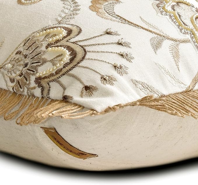 The HomeCentric King/Queen/Twin Beige Decorative Bed Runner CA King 86"x18" Bed Runner Without Pillow Cover, Floral, Pearl, Jute Lace, Embroidery Bed Scarf on Cotton Fabric - Floral Luster