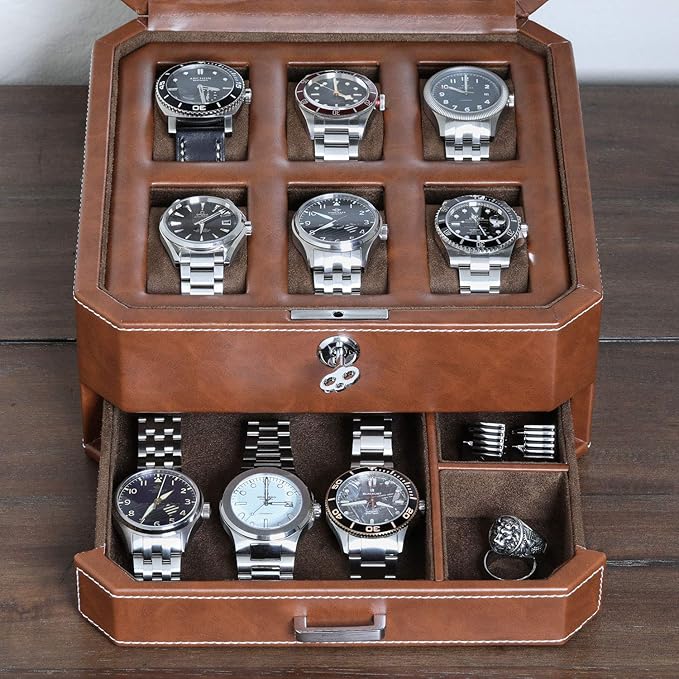 ROTHWELL 6 Slot Leather Watch Box with Valet Drawer - Luxury Case Display Organizer, Microsuede Liner, Locking Mens Jewelry Watches Holder, Men's Watch Storage Large Glass Top (Tan/Brown)