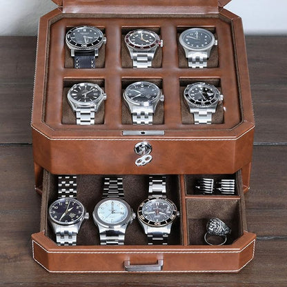 ROTHWELL 6 Slot Leather Watch Box with Valet Drawer - Luxury Case Display Organizer, Microsuede Liner, Locking Mens Jewelry Watches Holder, Men's Watch Storage Large Glass Top (Tan/Brown)