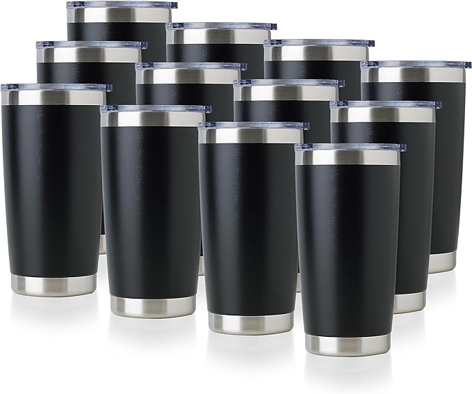 DOMICARE 20oz Stainless Steel Tumbler Bulk with Lid, Double Wall Vacuum Insulated Travel Mug, Powder Coated Coffee Cup, Powder Black, 12 Pack