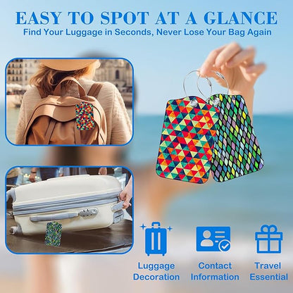 Watercolor Rhombus and Colored Triangle Luggage Tags for Suitcases Leather Travel Tags for Luggage ID Label with Privacy Cover and Stainless Steel Loop for Men Women Suitcase Backpack, Set of 2