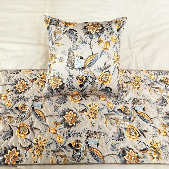The HomeCentric King/Queen/Twin Grey & Yellow Decorative Queen 74"x18" Bed Runner Without Pillow Cover, Peacock, Quilted & Tassels Bed Scarf on Satin Fabric - Peacock Swag