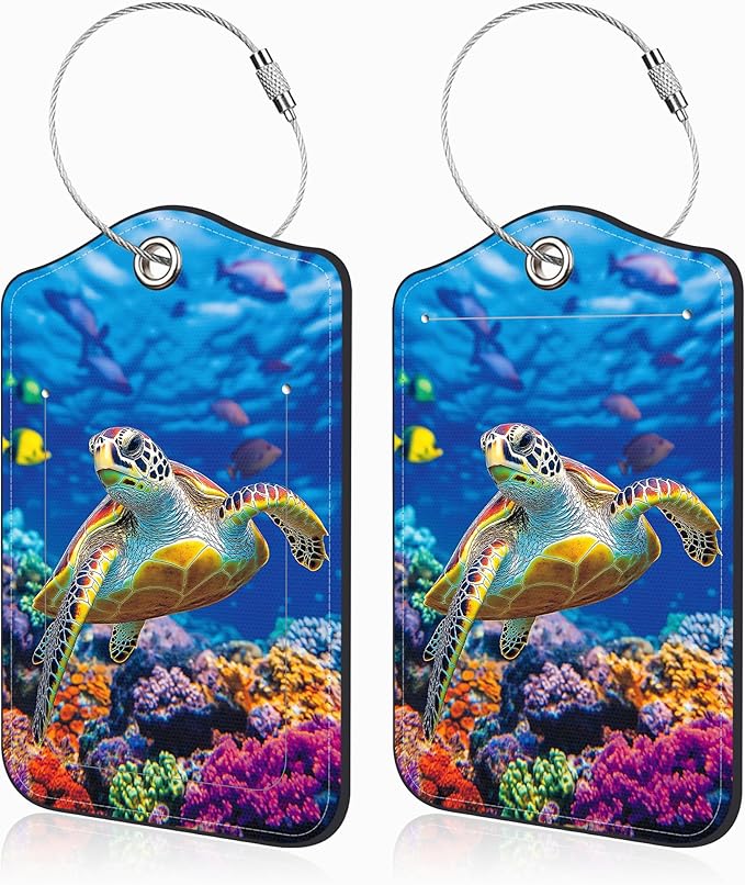 2 Pcs Sea Turtle Luggage Tags for Suitcases PU Leather Baggage Tags Name ID Label with Privacy Cover and Stainless Steel Loop for Men Women Travel Bag Suitcase