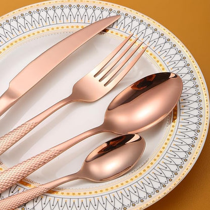 Hammered Flatware Set Copper/Rose Gold Silverware 20 Piece Stainless Steel