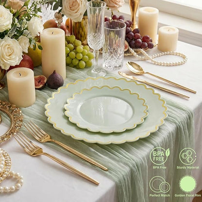 LIYH 100 Sage Green Scalloped Plastic Plates